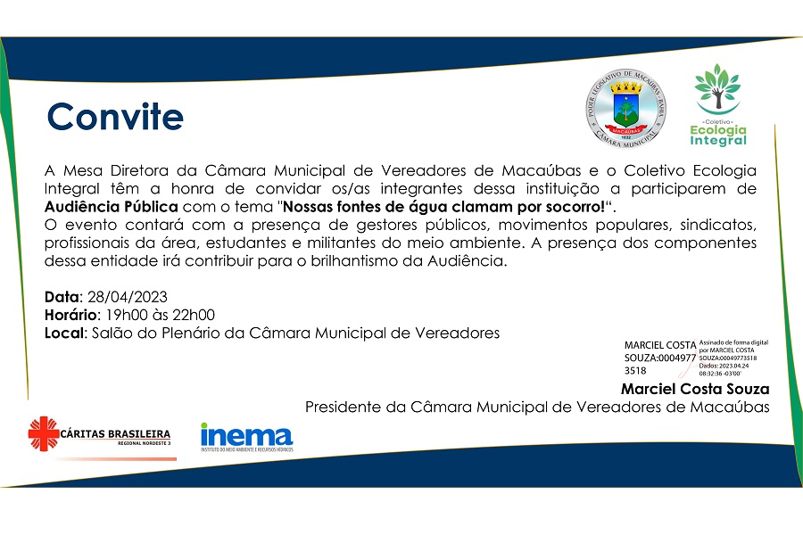 CONVITE: AUDIÊNCIA PÚBLICA: NOSSAS FONTES DE ÁGUA CLAMAM POR SOCORRO!