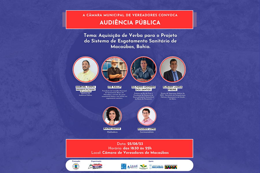 PARTICIPEM DA AUDIÊNCIA PÚBLICA PARA AQUISIÇÃO DE VERBA PARA O PROJETO DO SISTEMA DE ESGOTAMENTO SANITÁRIO DE MACAÚBAS